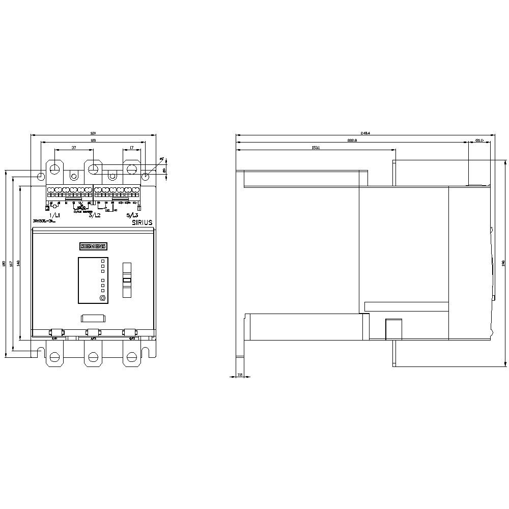 Disegno tecnico di un dispositivo di commutazione SIRIUS con misure dettagliate e viste frontale e laterale.