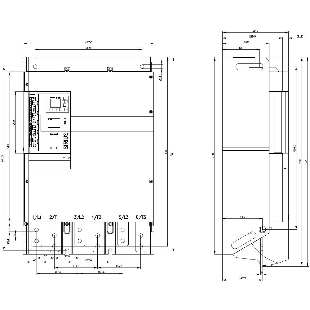 Disegno tecnico di un dispositivo elettrico con misure specifiche. Contiene viste frontale e laterale.