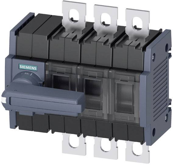 Un interruttore Siemens, tripolare, con una leva blu, circondato da occhielli metallici, serve all'isolamento o alla connessione elettrica.
