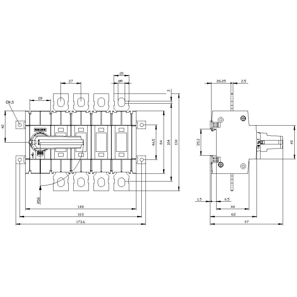 Disegno tecnico di un dispositivo elettrico con misure dettagliate e vista dei componenti. A sinistra vista frontale, a destra vista laterale.