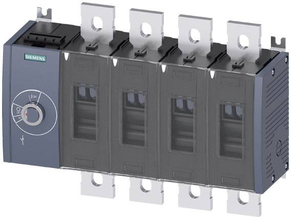 Un interruttore elettrico di potenza Siemens con involucro blu e quattro camere di interruzione, ciascuna dotata di morsetti di connessione.