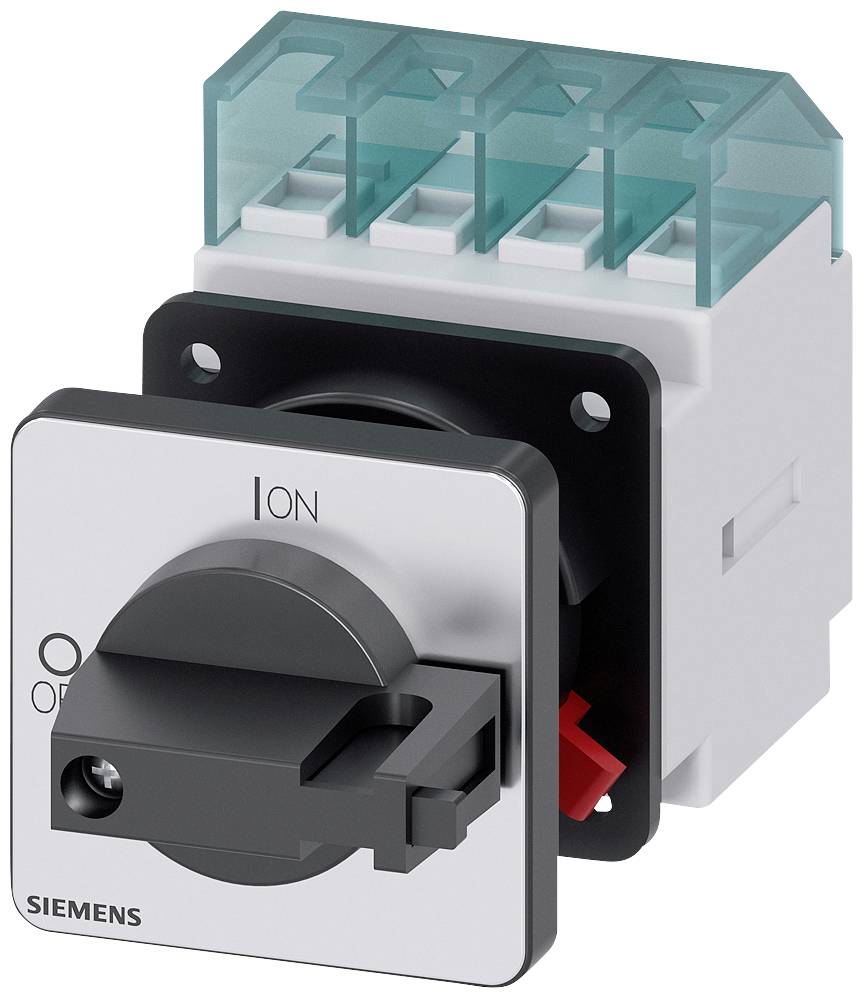 Interruttore rotativo in posizione spento, contrassegnato con 'I ON', 'O OFF'. Marca Siemens. Interruttore principale per apparecchiature elettriche.