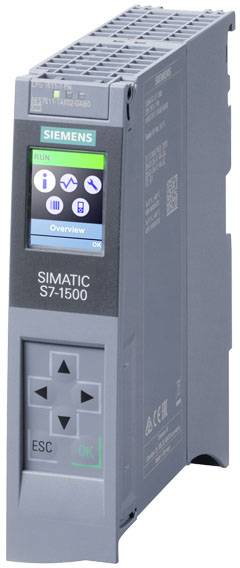 Controller industriale 'SIMATIC S7-1500' di Siemens, con display che mostra icone e testo 'Overview'.