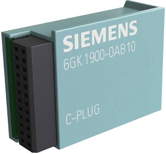 Un modulo Siemens C-Plug con la scritta '6GK1900-0AB10'. È utilizzato per l'archiviazione e la trasmissione di dati di configurazione nei sistemi di automazione.