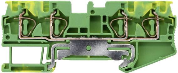Morsettiera verde a fila con connessioni metalliche, utilizzata per il cablaggio elettrico e la messa a terra.