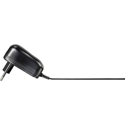 Alimentatore nero con spina europea e cavo che si estende verso destra.