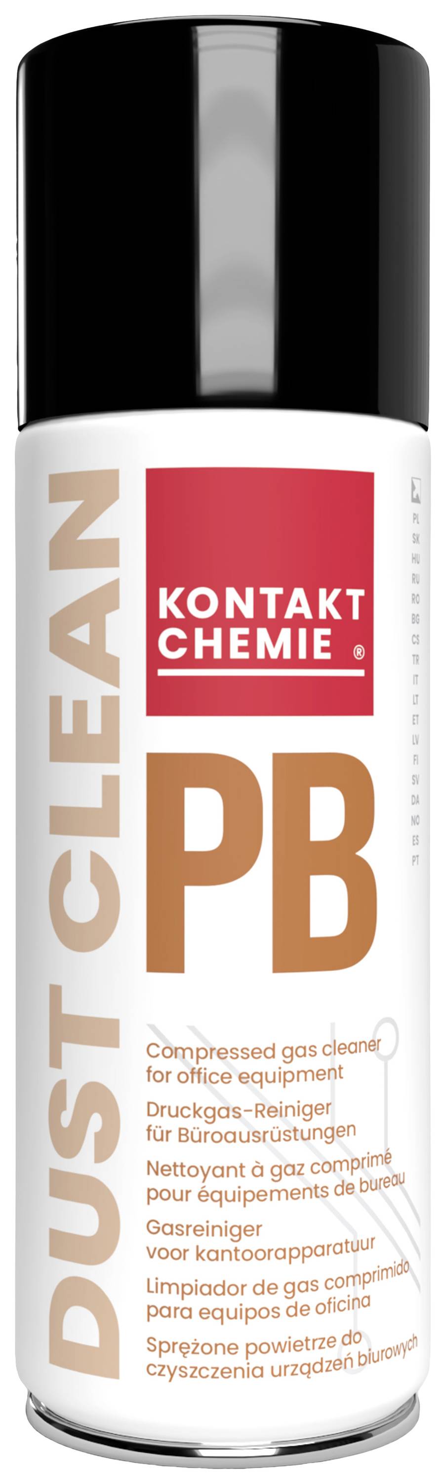 Bomboletta spray con scritte 'DUST CLEAN PB' e 'KONTAKT CHEMIE'. Contiene detergente spray a pressione per attrezzature da ufficio.