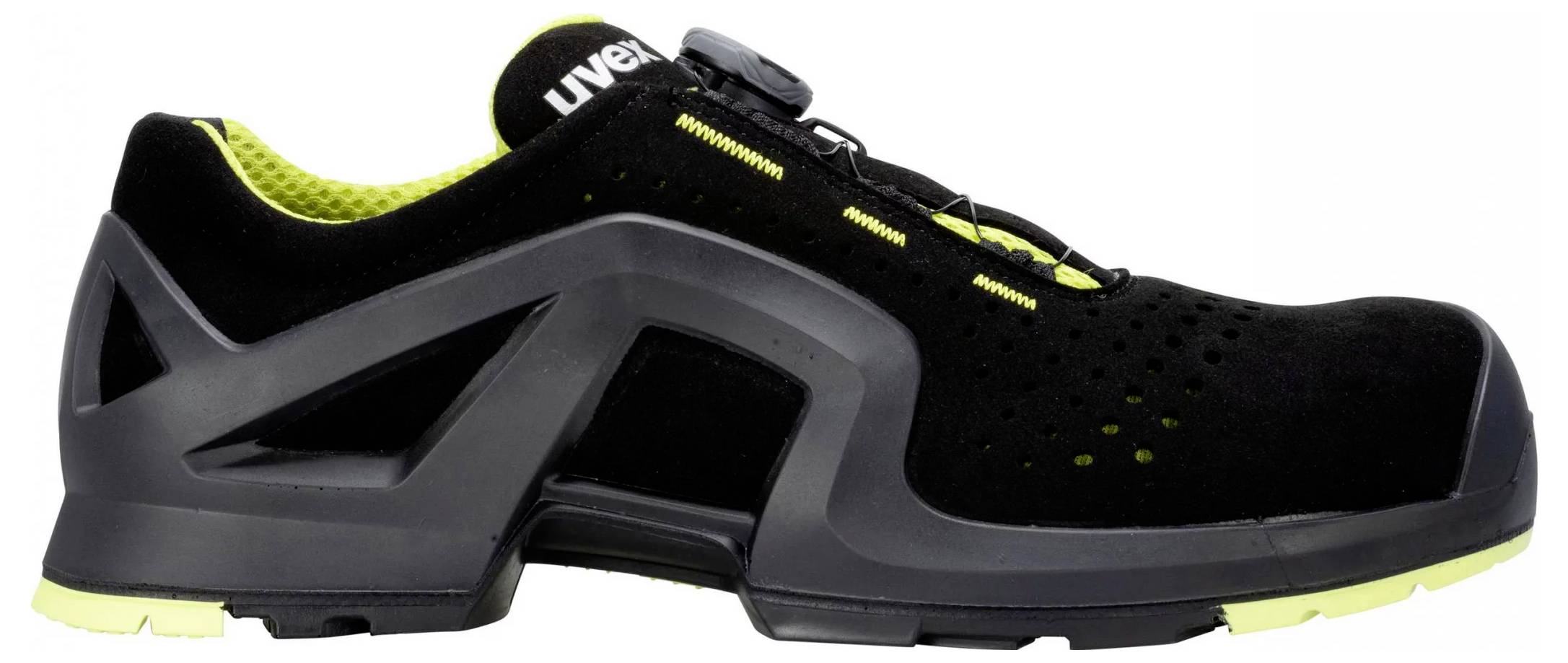 Scarpa da lavoro nera con fodera interna gialla, materiale superiore traforato e suola rinforzata, vista laterale.