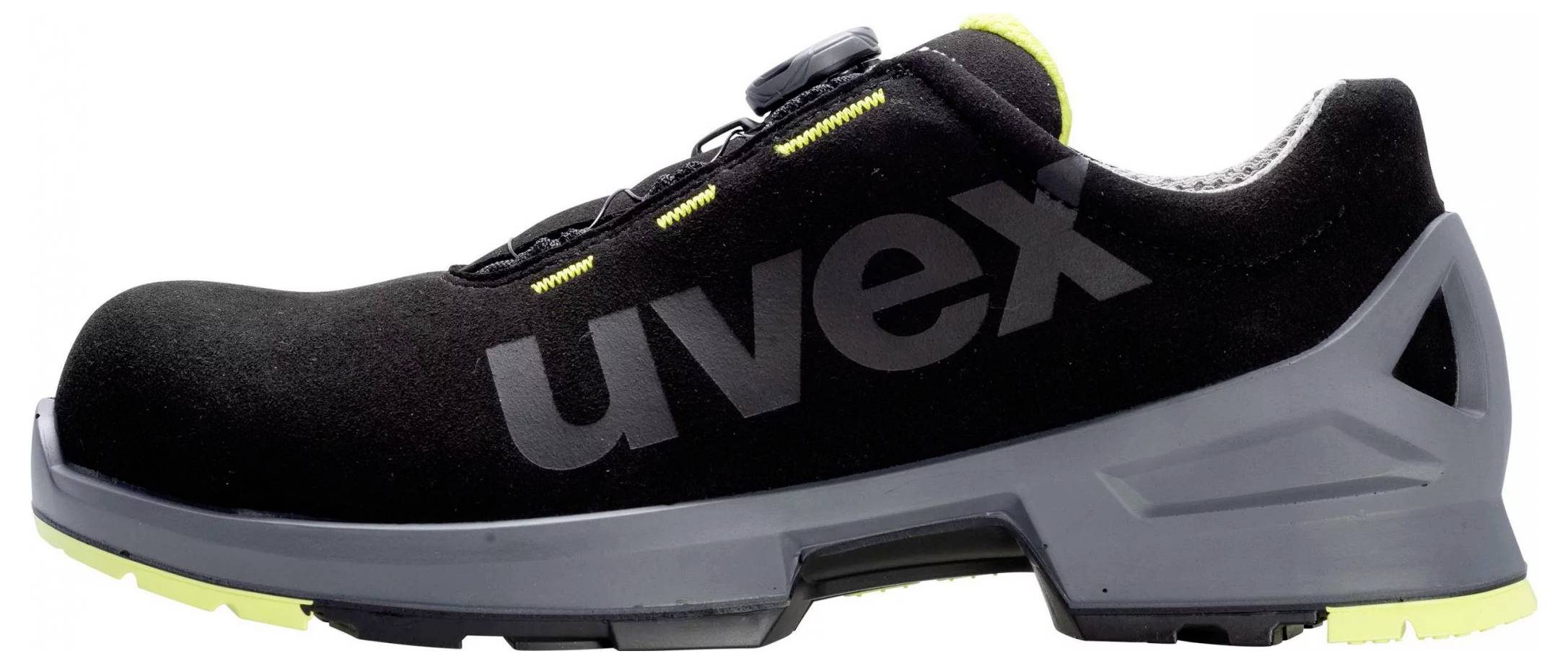 Una scarpa da lavoro nera con dettagli gialli e la scritta 'uvex', adatta per lavori di sicurezza.