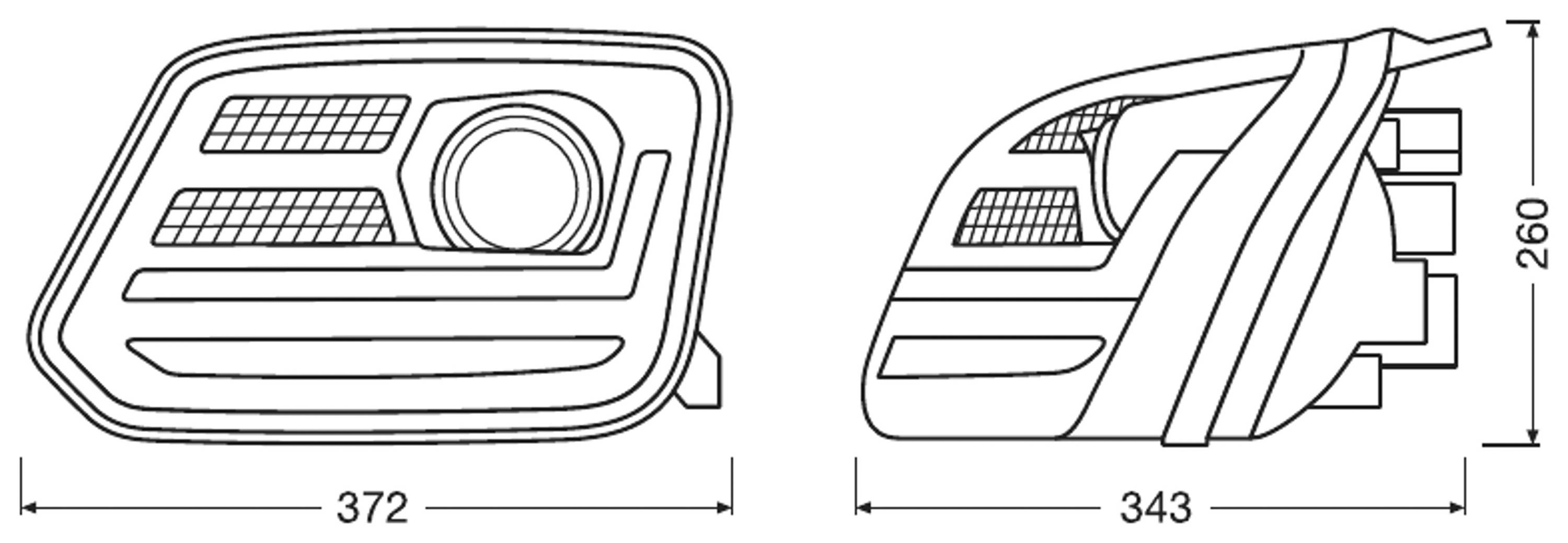 Il diagramma mostra le dimensioni di un fanale posteriore rettangolare per auto di 372 x 260 x 343 mm da due prospettive, frontale e laterale.