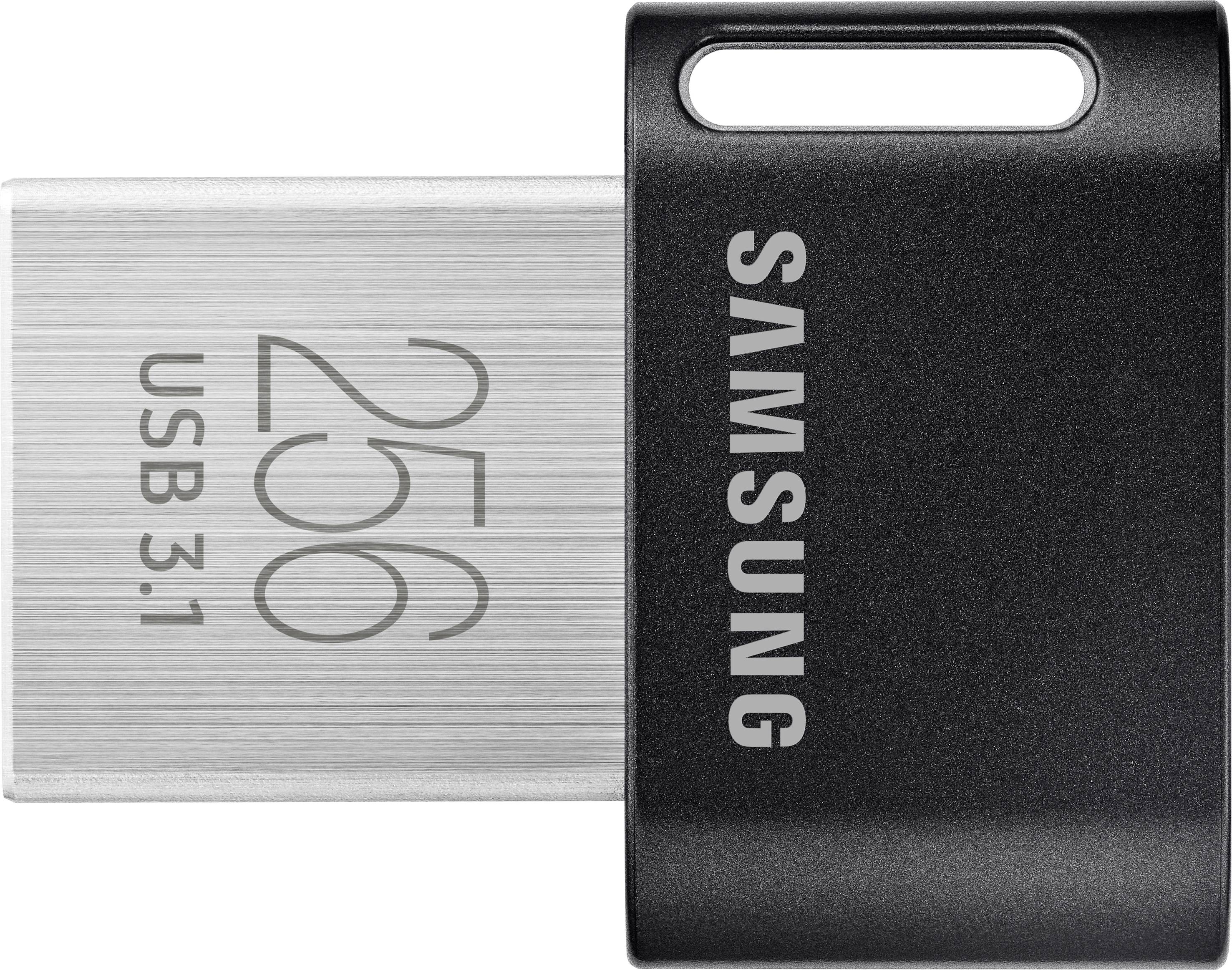 Chiavetta USB nera con scritta 'Samsung' e capacità di archiviazione da 256 GB USB 3.1 sulla parte argentata.