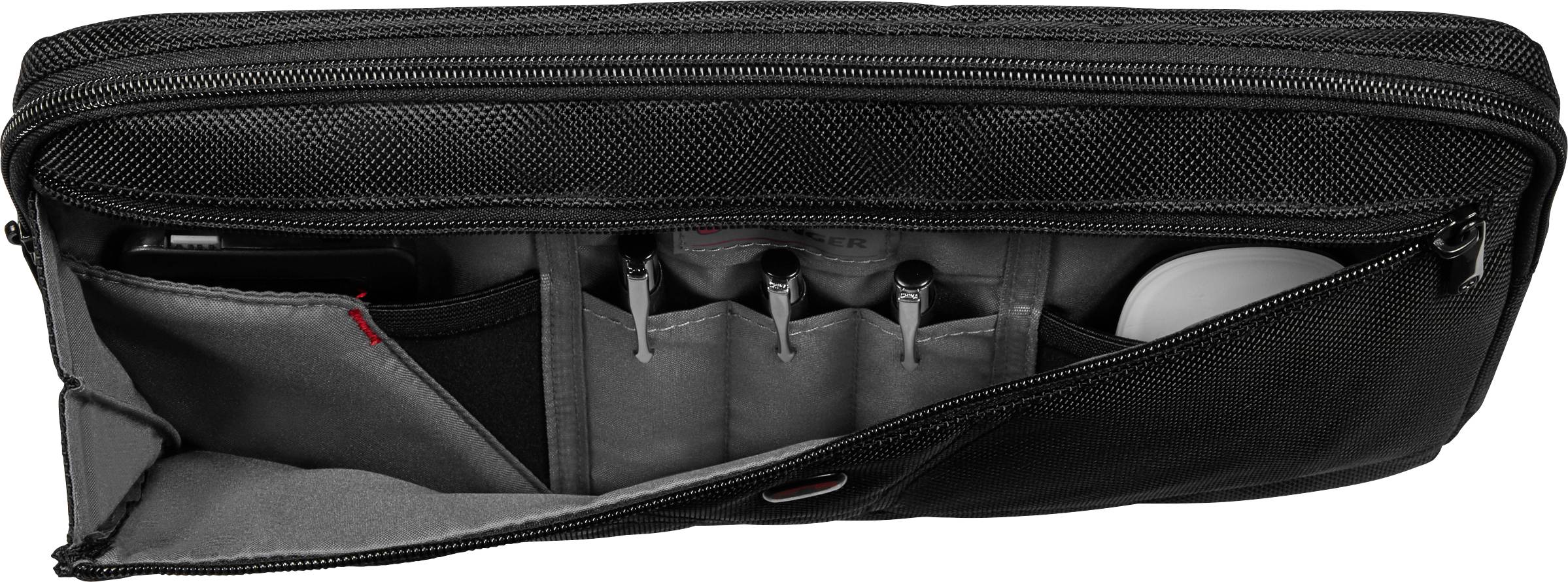 Una borsa nera aperta con diversi scomparti, progettata per organizzare e conservare penne e dispositivi elettronici in modo ordinato.