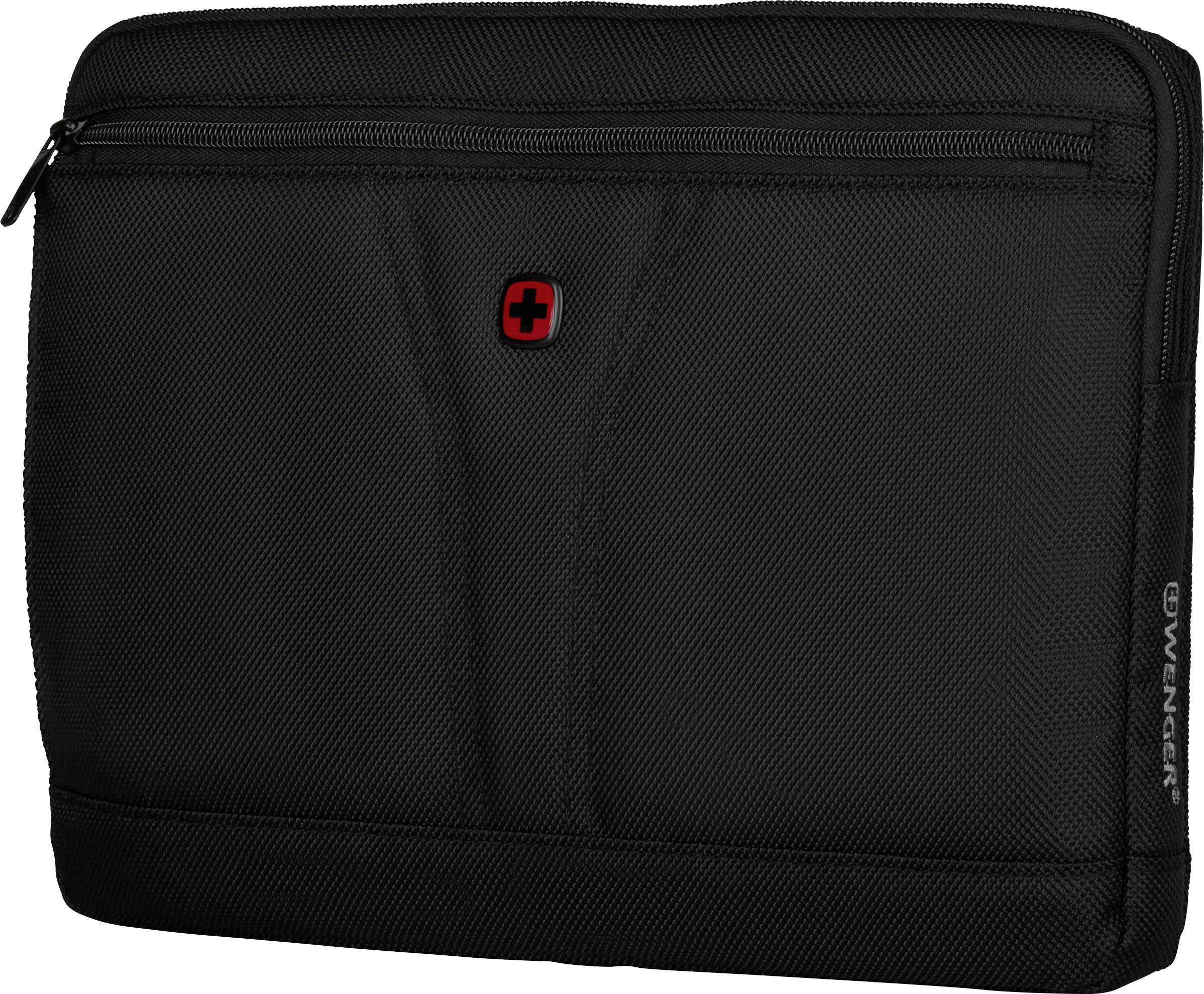Borsa per laptop nera con zip e logo a croce rossa al centro; reca il marchio 'Wenger' in basso a destra.