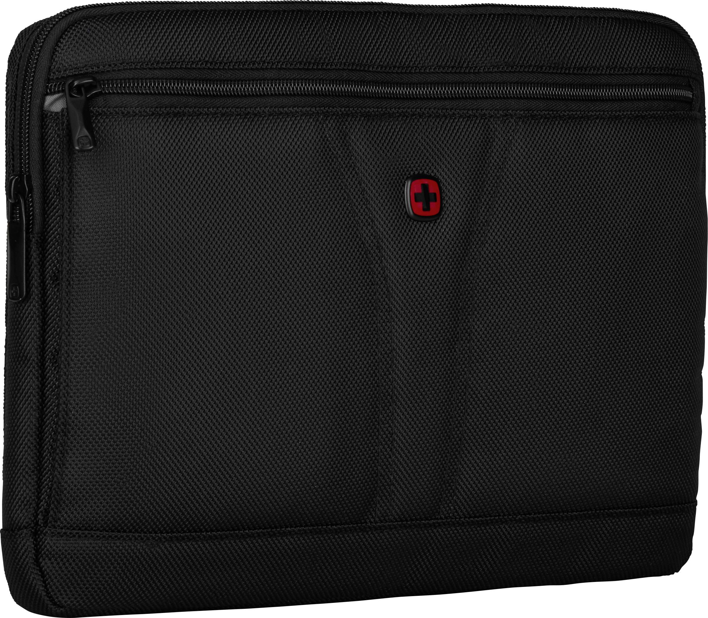Una borsa nera per laptop con cerniera lampo, con un logo a croce rossa sulla parte anteriore.