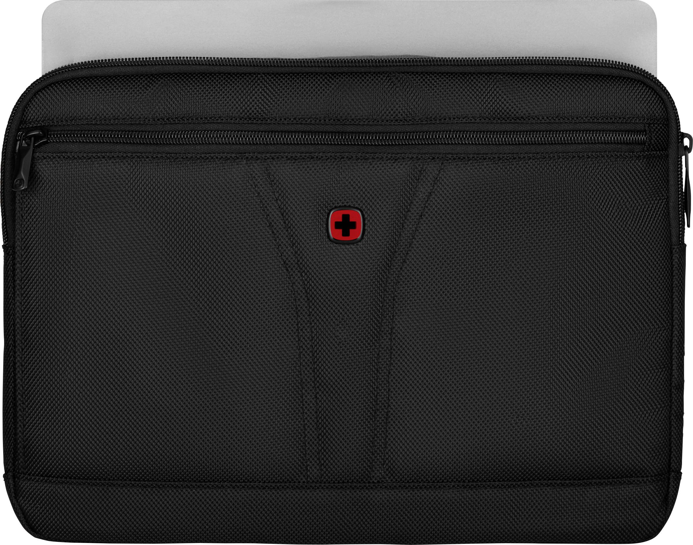 Borsa per laptop nera con cerniera e simbolo a croce rossa sul davanti. Contiene un dispositivo laptop o tablet argentato.