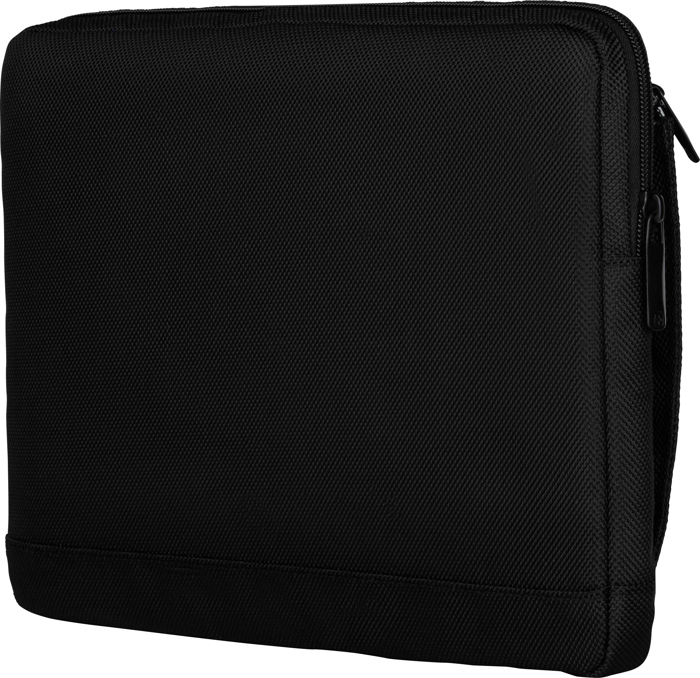 Una borsa nera per laptop con cerniera. Ha un design essenziale e offre protezione per laptop o tablet.