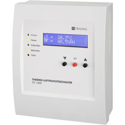 Un interruttore termo-igrometrico bianco TLF 1000 con display mostra 'T = 20.3°C' e 'F = 48.5% RH'. Tre tasti sono posizionati sotto.