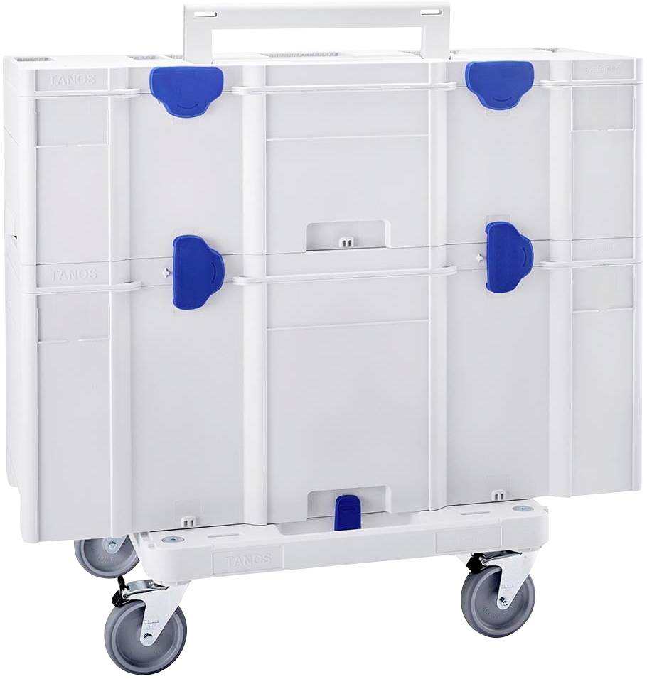 Un contenitore bianco in plastica con chiusure blu e quattro ruote. Adatto per il trasporto e lo stoccaggio.