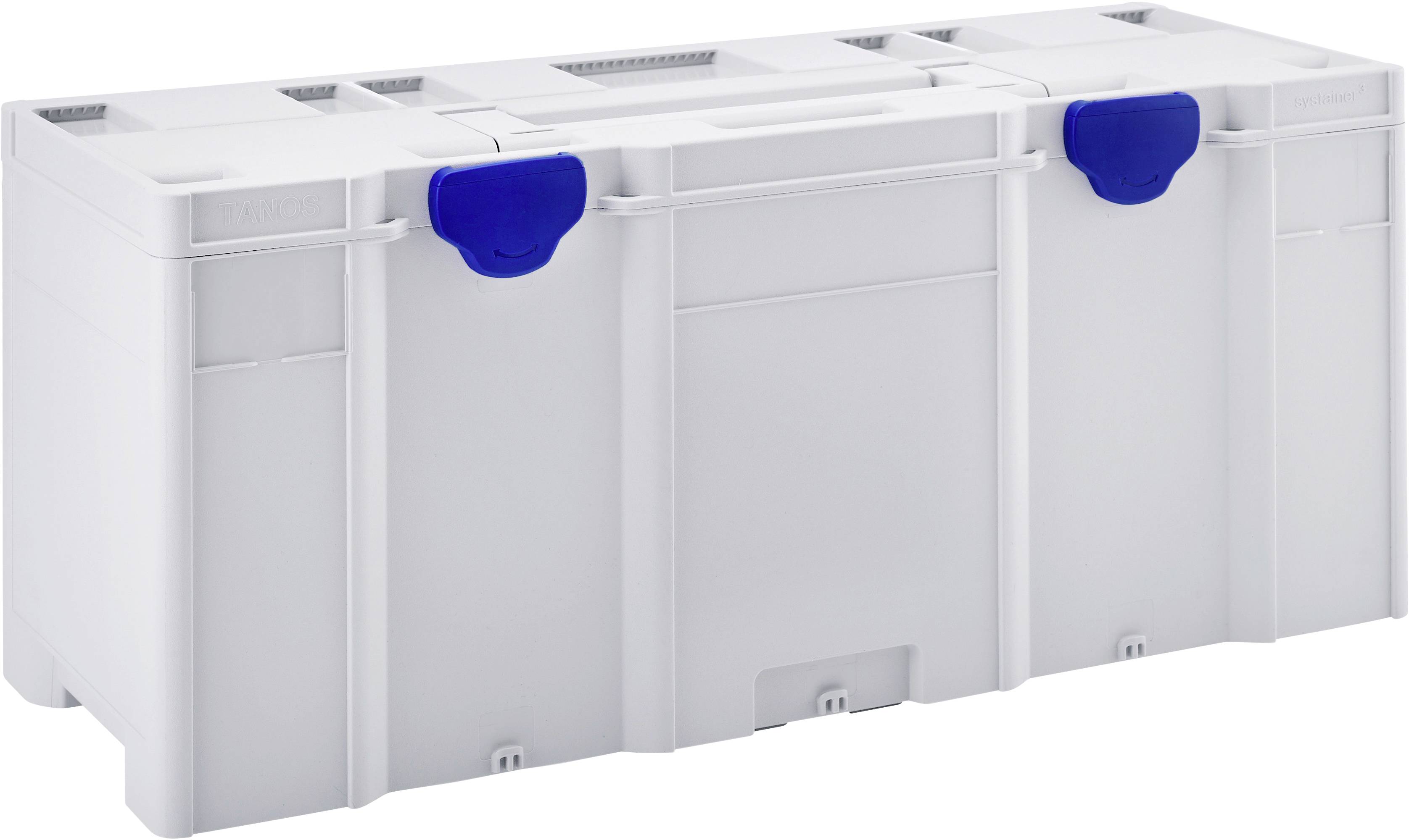Un grande contenitore per attrezzi bianco con chiusure blu e diversi scomparti per riporre gli utensili in modo organizzato.