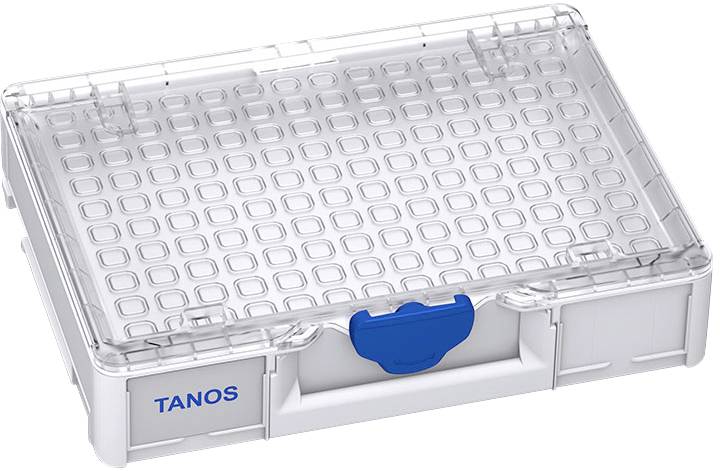 Una scatola vuota in plastica trasparente con cornice grigia e chiusura blu, contrassegnata con il nome 'TANOS' sul lato.