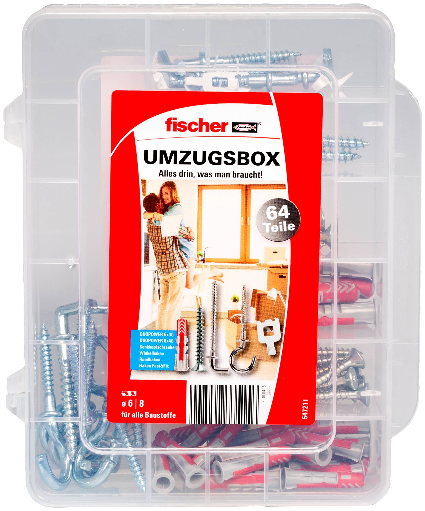 Scatola di stoccaggio in plastica trasparente riempita con assortimento di viti e tasselli, etichettata 'fischer UMZUGSBOX' con '64 Teile' sulla parte anteriore.