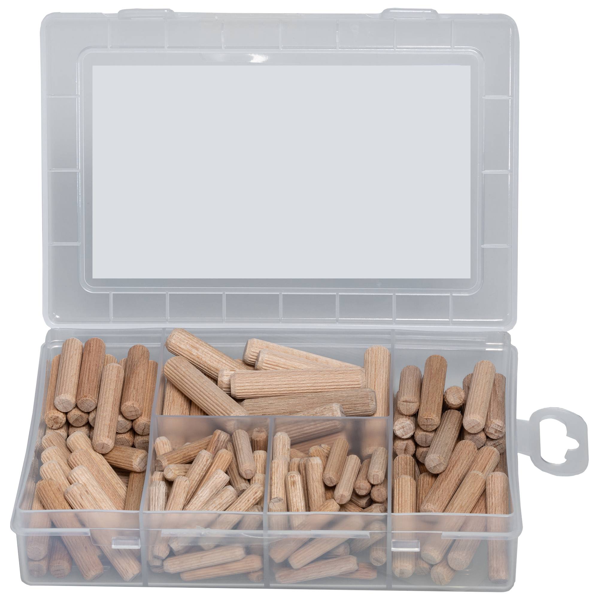 Scatola organizzatore in plastica trasparente con scomparti contenente assortiti pioli in legno, vista dall'alto.