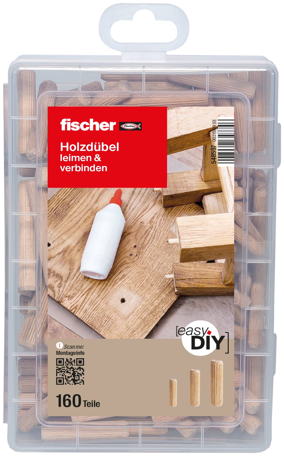 Confezione di tasselli in legno Fischer per l'unione e l'allineamento del legno, etichettati 'Holzdübel leimen & verbinden', 160 pezzi, assortimento easyDIY in una custodia di stoccaggio trasparente.