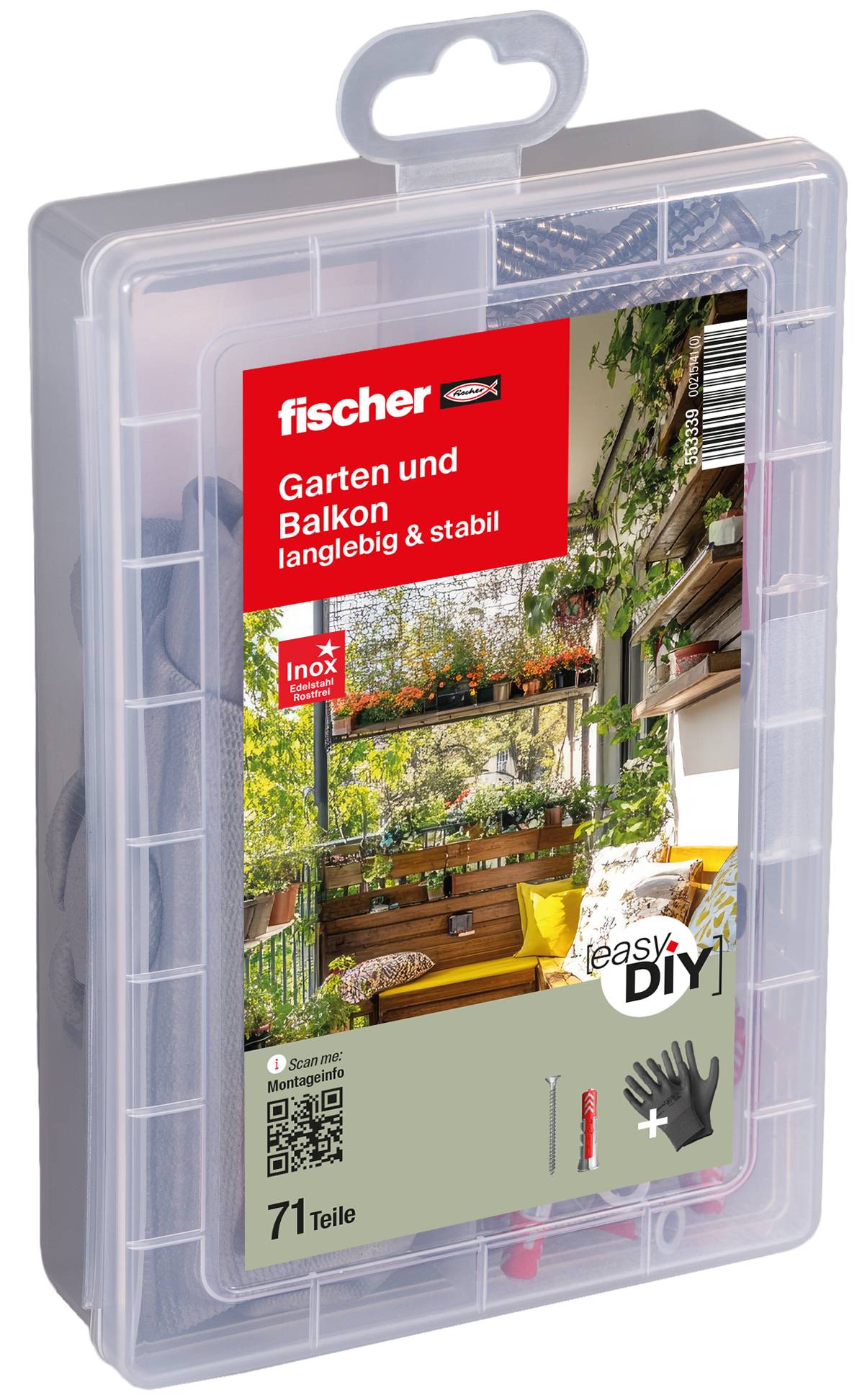 Custodia in plastica trasparente Fischer 'Garten und Balkon' per kit fai da te hardware, etichettata '71 Teile' e 'Inox', con immagine di installazione per balcone/piante sulla parte anteriore.