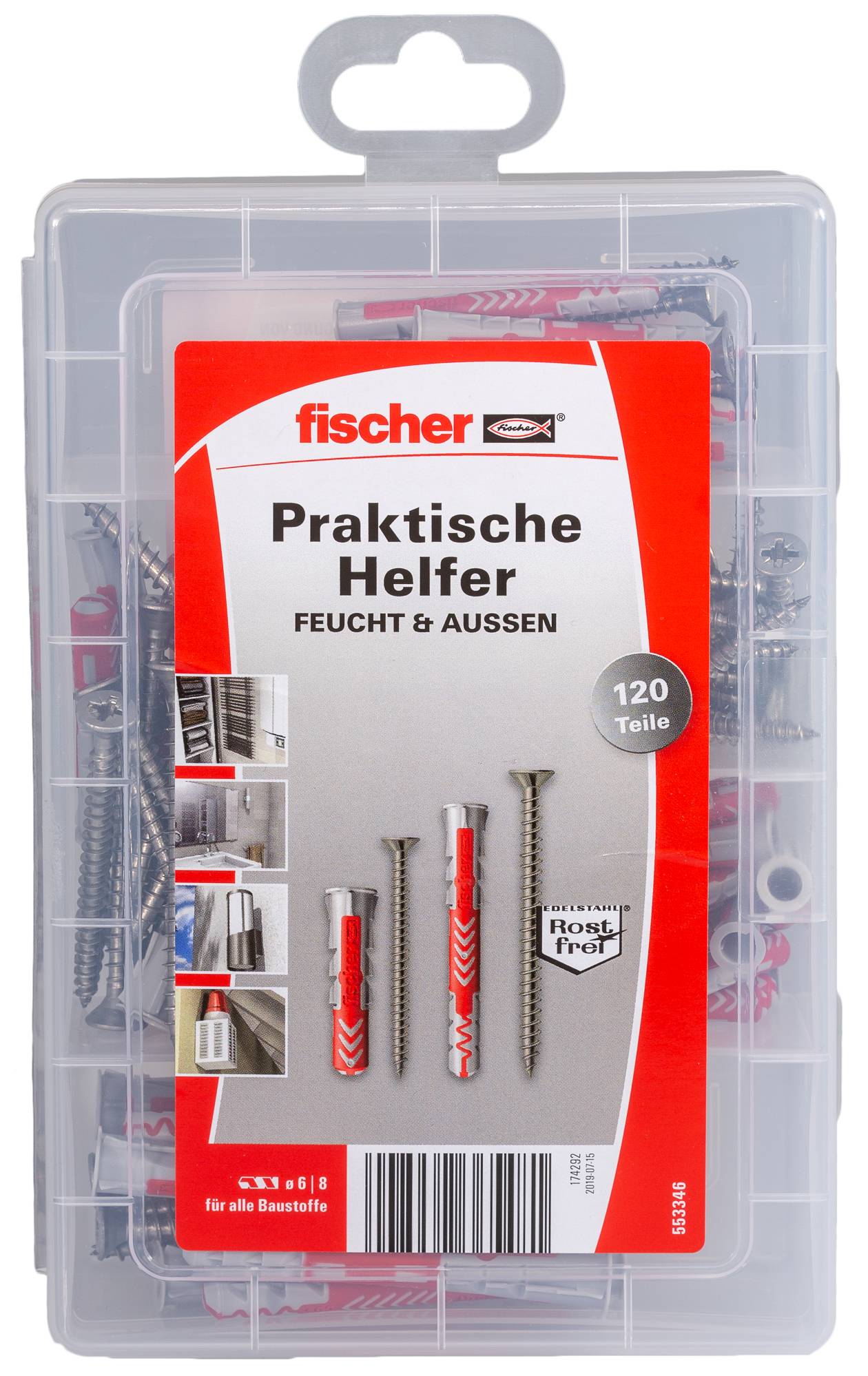 Un kit di componenti in metallo per il montaggio a parete Fisher practical helper in una custodia di immagazzinamento in plastica trasparente, etichettato 'Praktische Helfer FEUCHT & AUSSEN' con 120 pezzi.