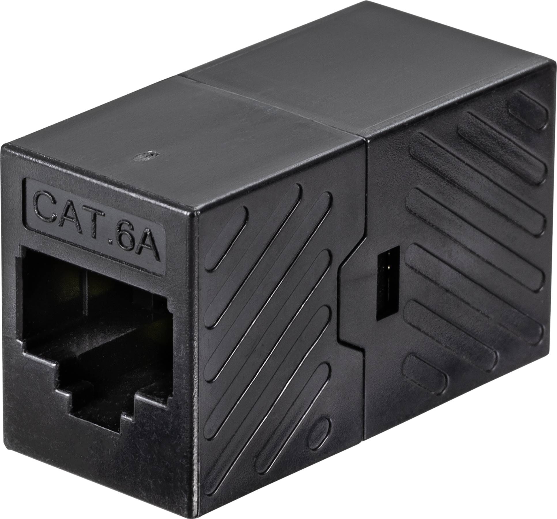 Un adattatore di giunzione Ethernet CAT 6A nero, utilizzato per collegare due cavi Ethernet.