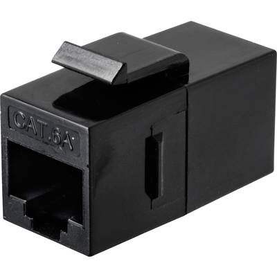 Un adattatore di rete nero CAT.6A con forma rettangolare e un'apertura per il collegamento di cavi Ethernet.