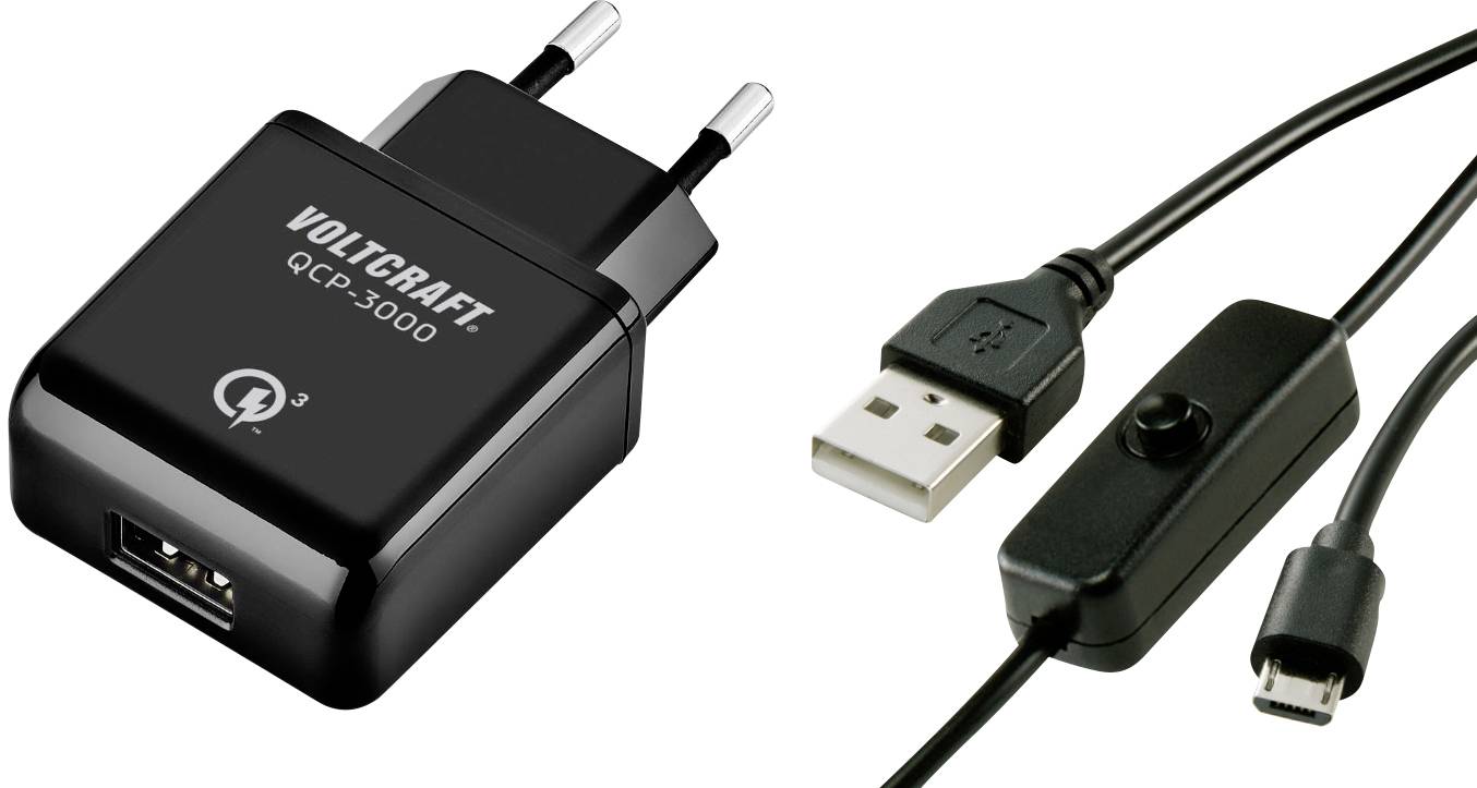 Caricabatterie e cavo USB di VOLTCRAFT, modello QLC-3000, con porte USB e Micro-USB, idoneo per la ricarica rapida.