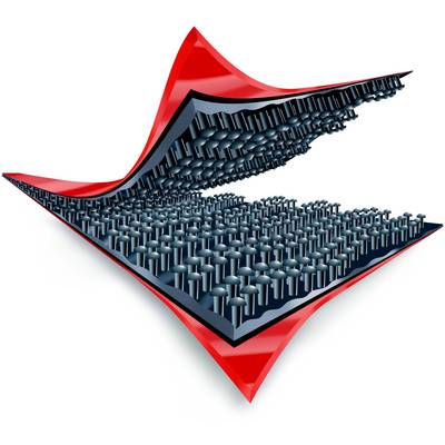 Diagramma di un materiale con struttura simile a un favo, con strati protettivi rossi in alto e in basso, che rappresenta flessibilità e stabilità.