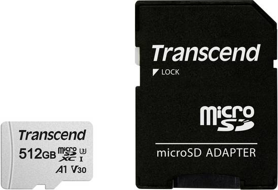 Transcend Premium 300S Scheda microSDXC  512 GB Class 10, UHS-I, UHS-Class 3, v30 Video Speed Class, A1 Application Performance Class incl. Adattatore SD