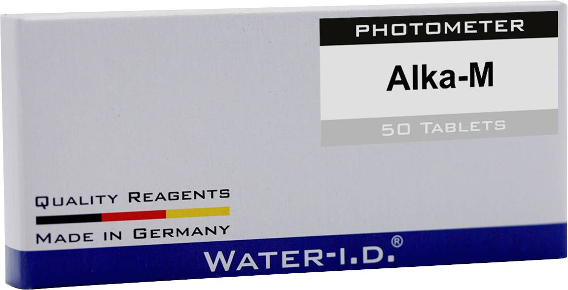 Confezione da 50 compresse 'Alka-M' di Water-ID, per l'uso nel fotometro. Prodotto in Germania con reagenti di qualità.