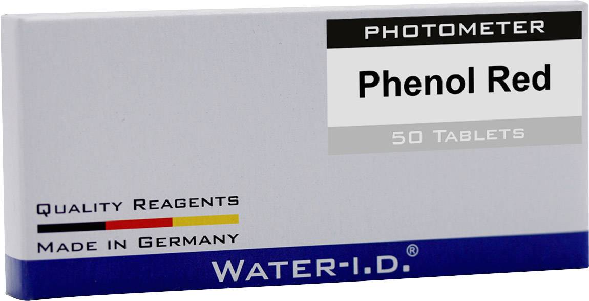 Una confezione da 50 compresse di 'Phenol Red' di Water-ID, prodotte in Germania, per l'uso con un fotometro.