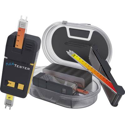 Custodia metallica con strisce test del pH in varie tonalità di arancione, sul coperchio è scritto 'FLEXI TESTER', che mostra la misurazione del grado di acidità.