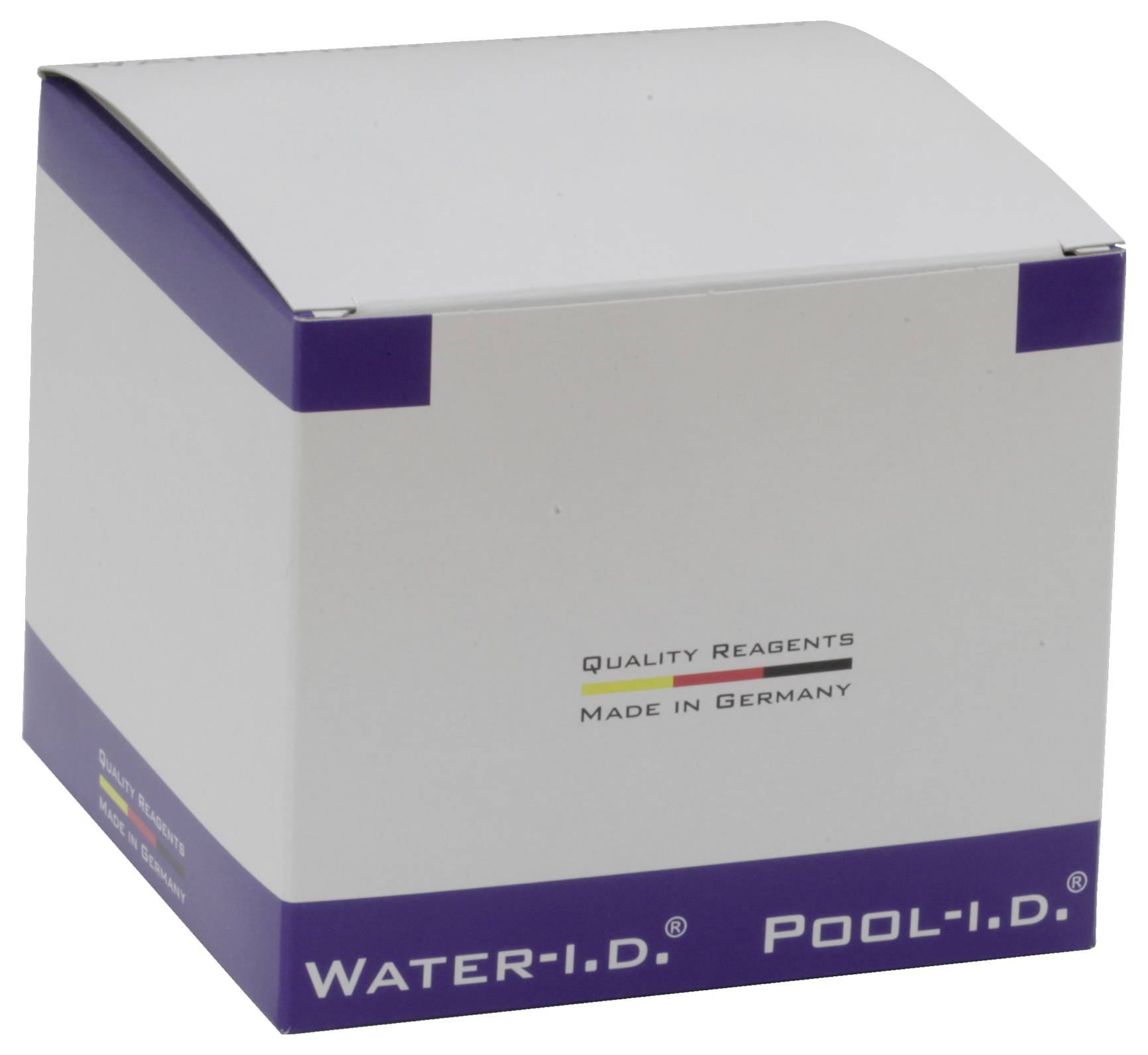 Una scatola bianca e viola etichettata 'WATER-I.D. POOL-I.D.' e 'Quality Reagents, Made in Germany'.
