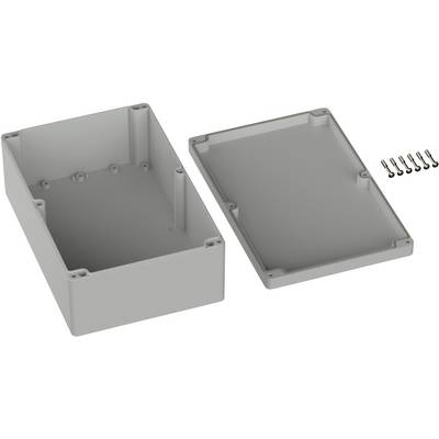 Custodia grigio-gialla con coperchio rimosso e sei viti accanto.