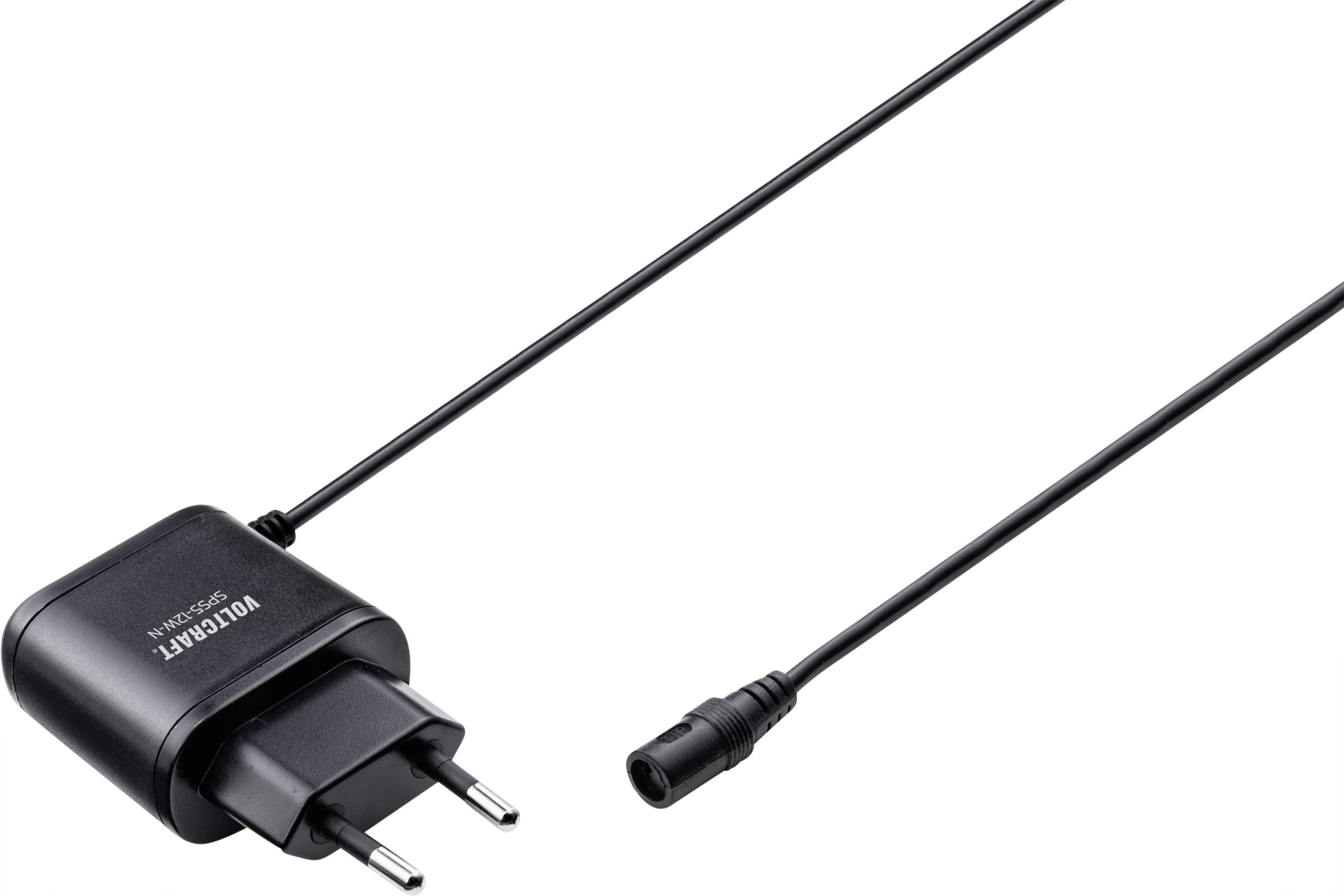 Alimentatore nero con cavo rimovibile, spina europea. Utilizzato per la ricarica di dispositivi elettronici.