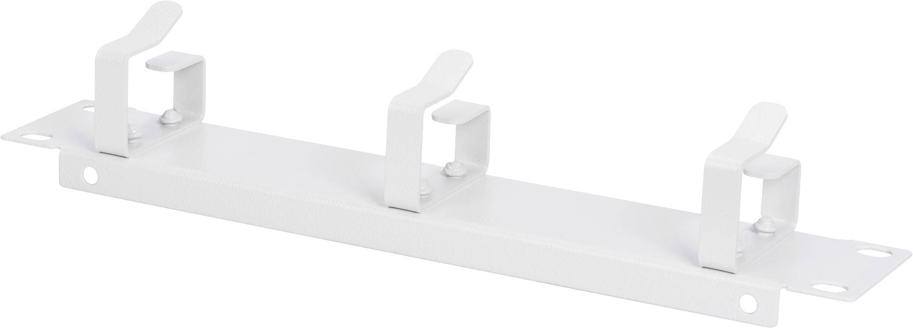 Supporto metallico con tre ganci, da fissare a una parete o a un telaio, utilizzato per appendere dispositivi o cavi.