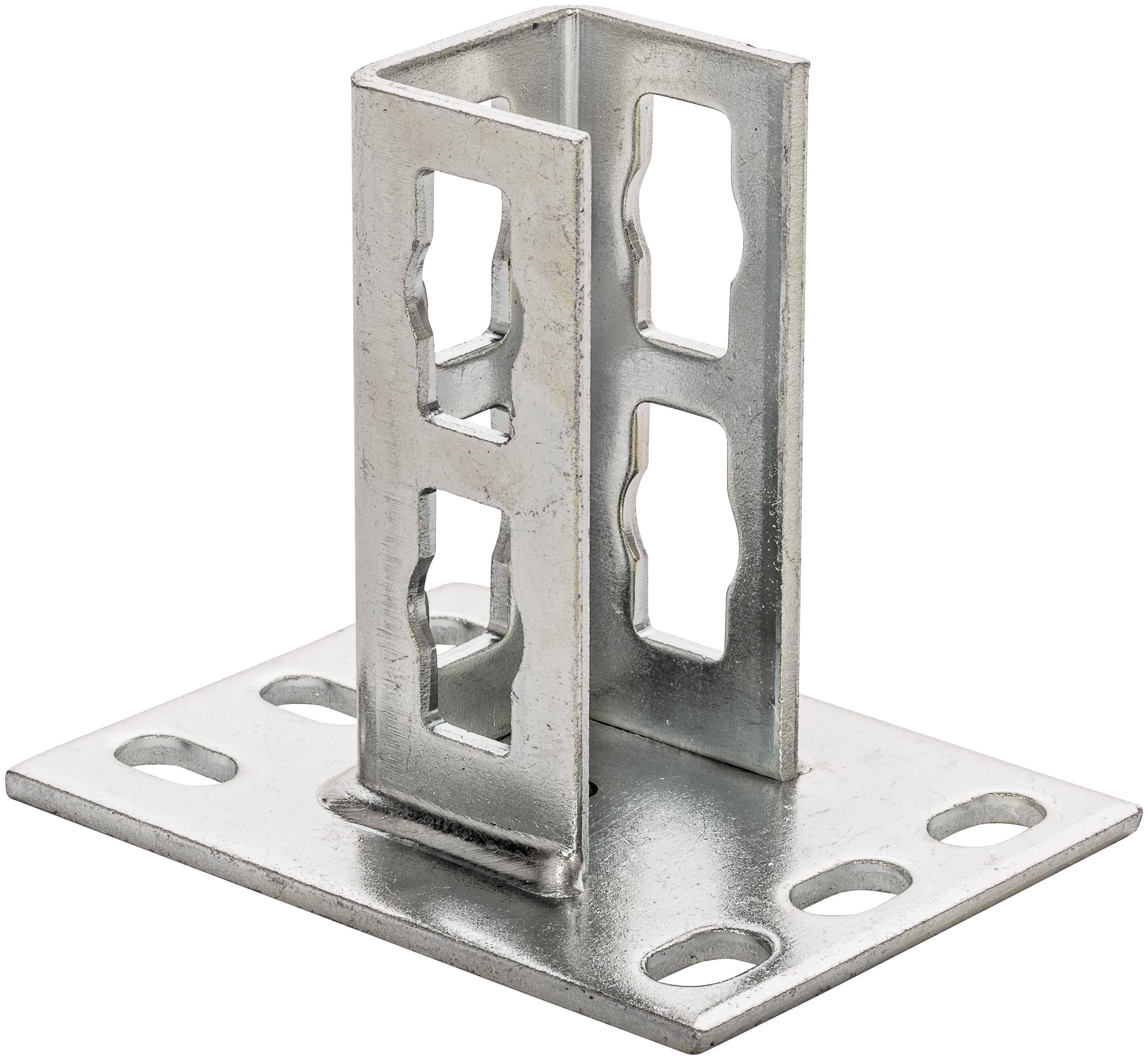 Connettore a staffa metallica con base di montaggio scanalata e due piastre di supporto verticali, utilizzato per unire elementi strutturali.