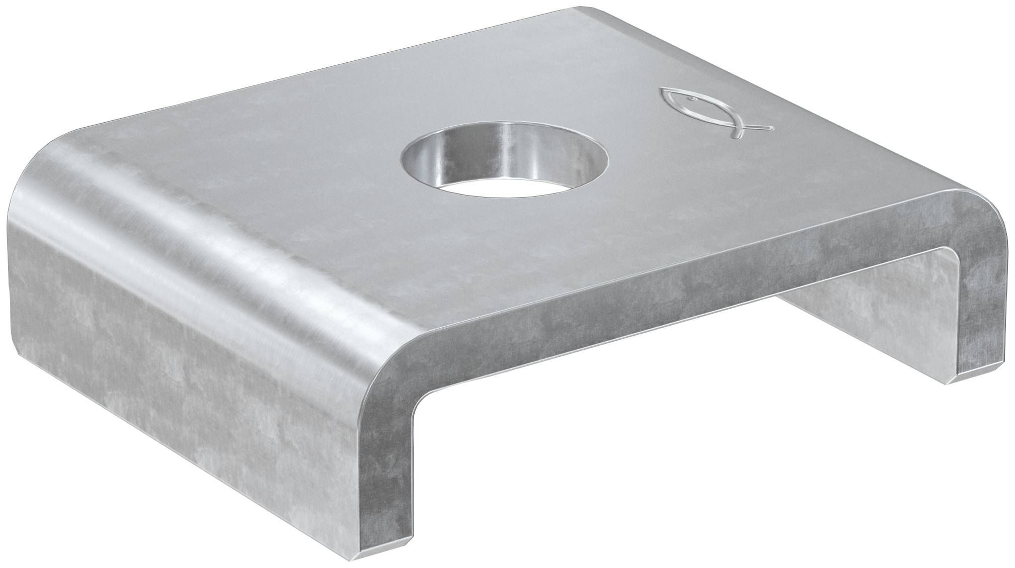 Un supporto a forma di U in metallo argentato con un foro circolare centrale, mostrato su uno sfondo bianco.