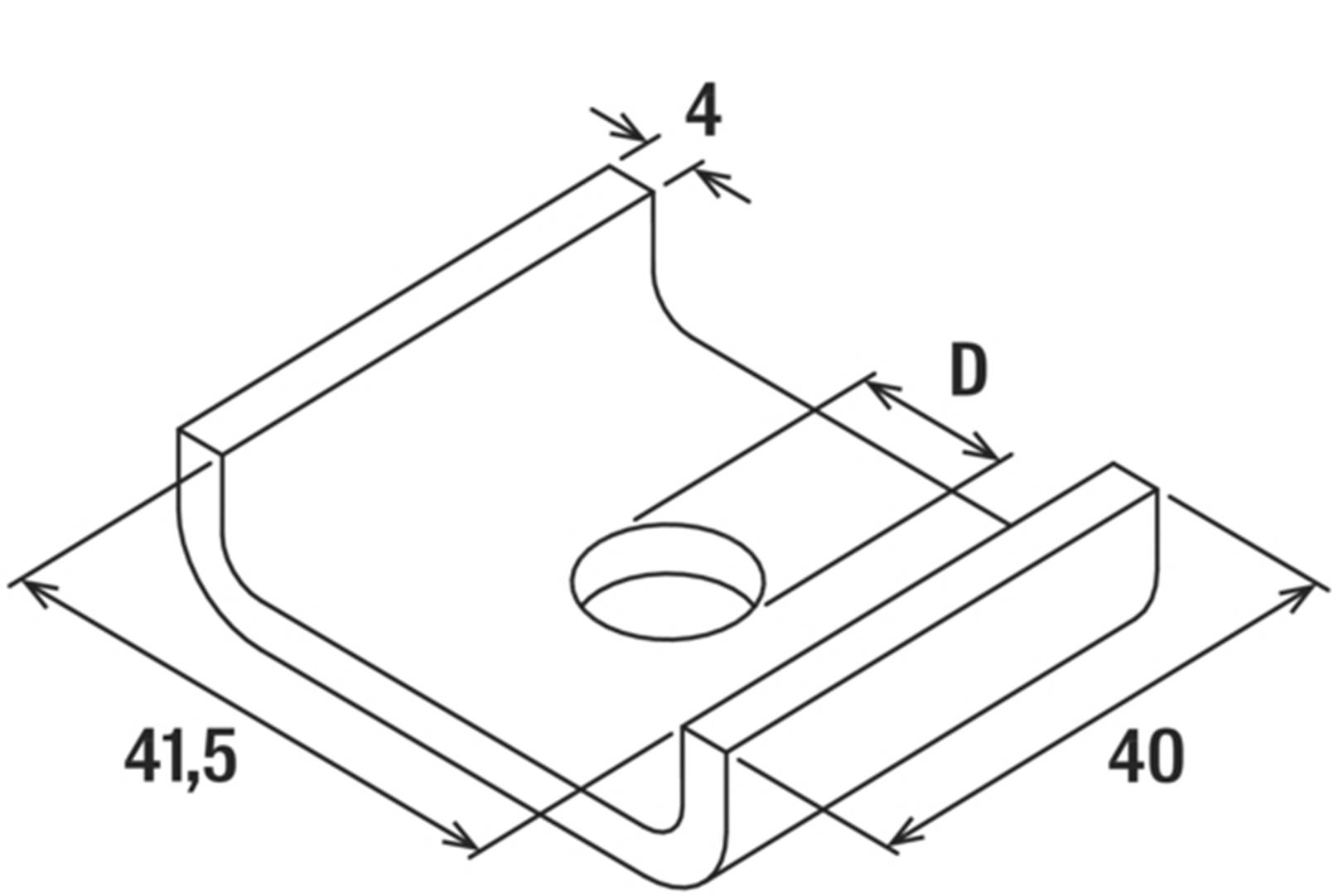 Disegno isometrico di un angolo metallico: lunghezza 41,5, larghezza 40, spessore 4. Apertura circolare al centro, diametro 'D'.