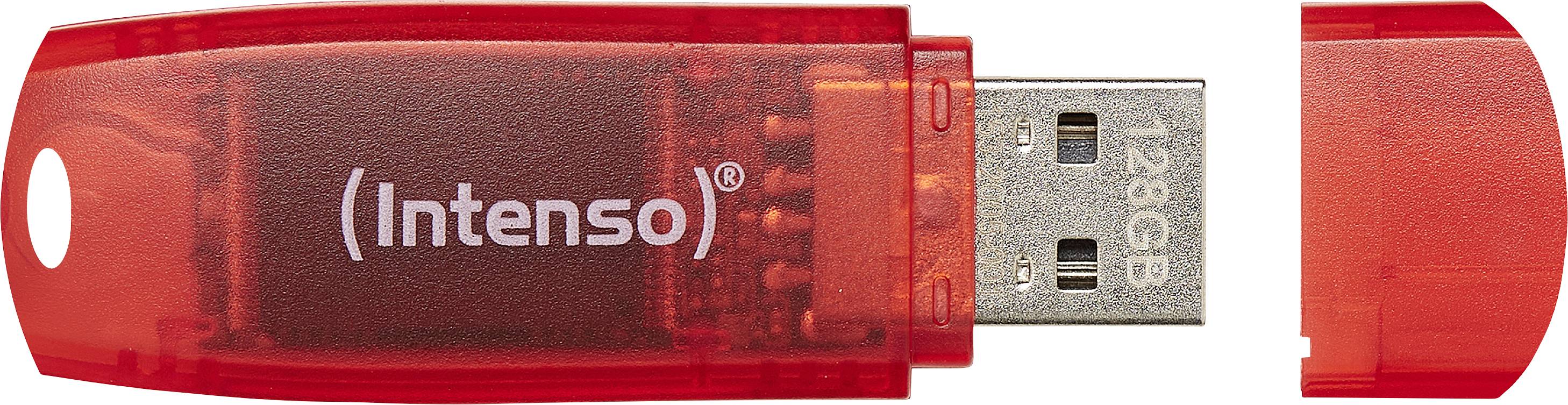 Chiavetta USB rossa con custodia trasparente, su cui è scritto 'Intenso'. Il cappuccio di protezione è stato rimosso. Capacità di archiviazione di 28 GB.