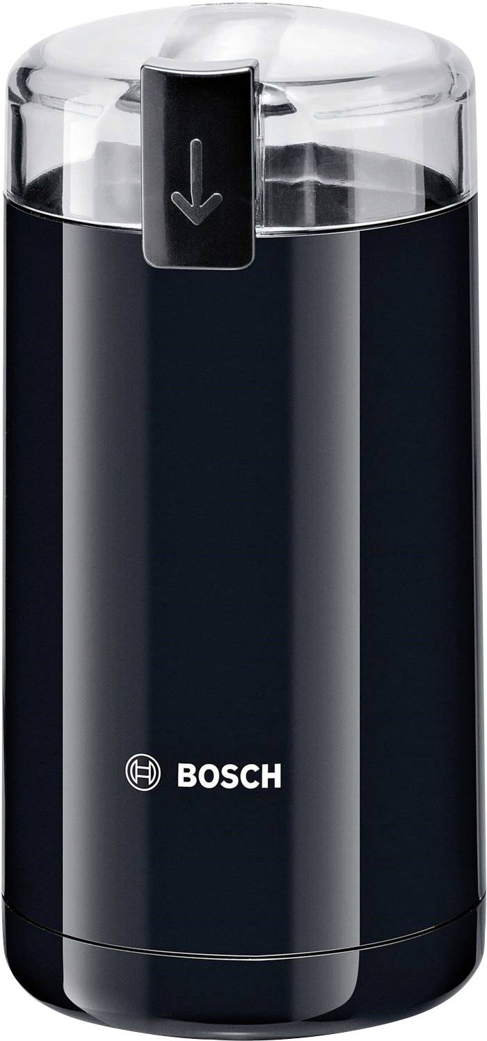 Macinacaffè elettrico nero Bosch con coperchio trasparente e freccia di indicazione sul pulsante.