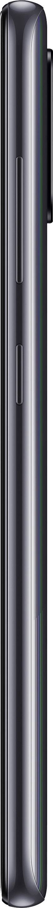 Smartphone nero in vista laterale con tasto del volume e pulsante di accensione visibili, design moderno e sottile.