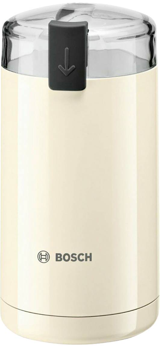 Macinacaffè elettrico Bosch in finitura color crema con coperchio trasparente e tasto grigio.