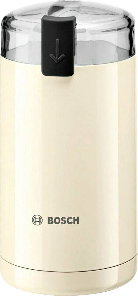 Macinacaffè elettrico Bosch in custodia color crema con bottone del coperchio nero e freccia, adatto per macinare chicchi di caffè.