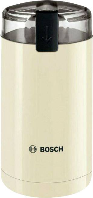 Macinacaffè elettrico Bosch con coperchio trasparente e simbolo a freccia, involucro color crema, design compatto.